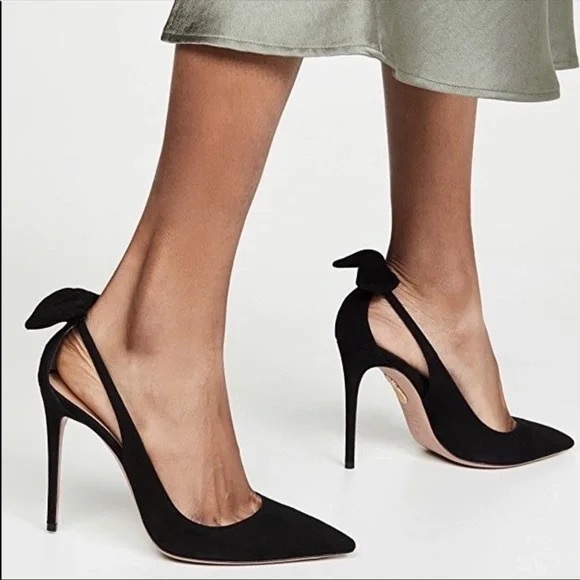 Aquazzura Black Suede Bow Tie Pumps 105 US8.5 / IT38.5 - Picture 6 of 16